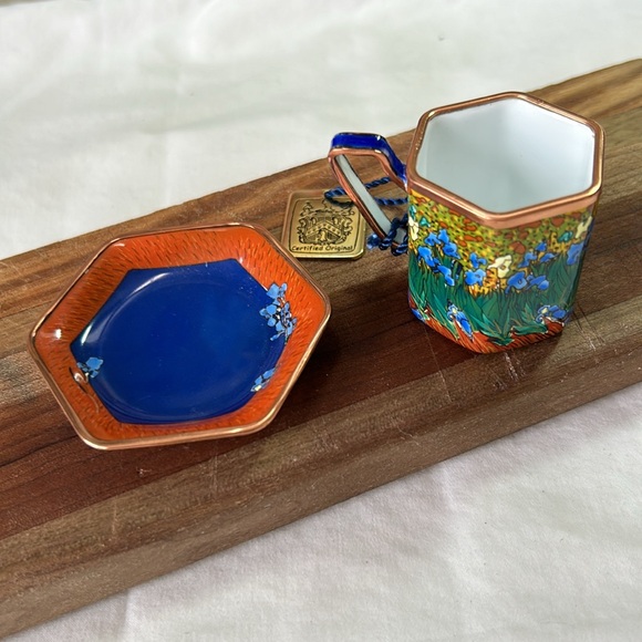 iris tea cup saucer hand painted enamel gold metal hang tag numbered edition - Picture 7 of 16